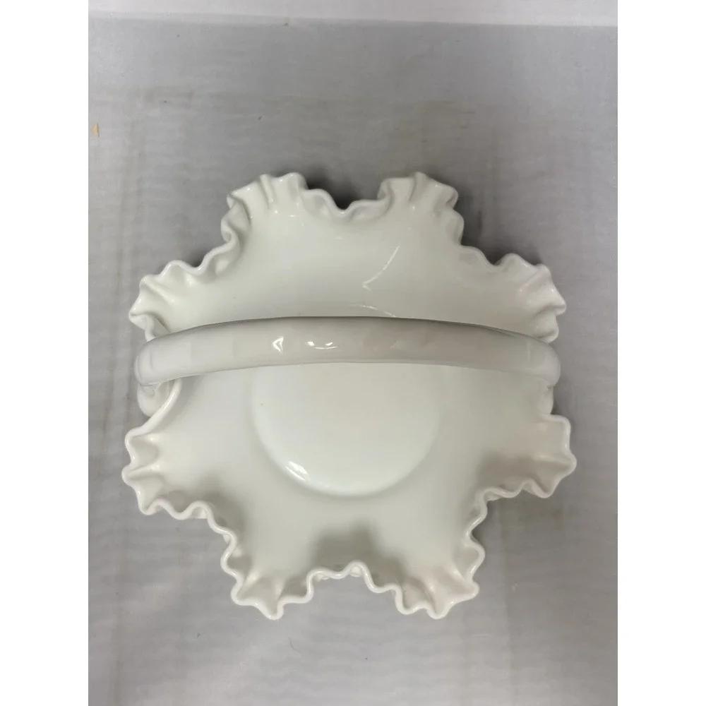 Vintage Fenton Ruffled Hobnail White Milk Glass Basket Bowl Applied Handle EUC